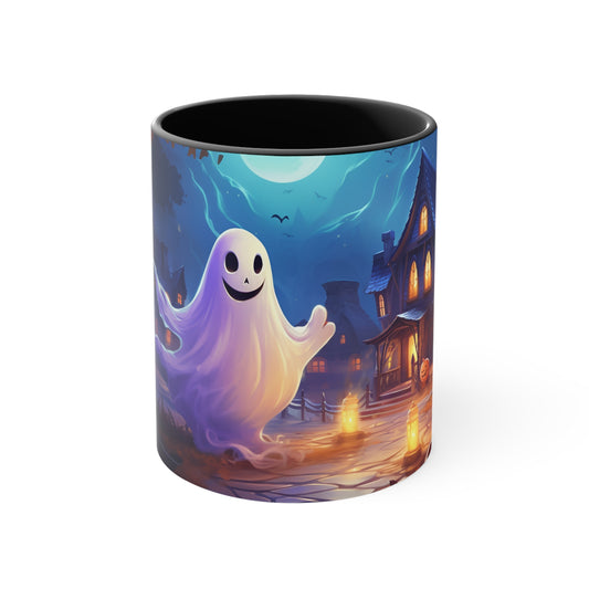 11 oz Bicolor Mug: Adorable Ghost Amidst Spooky Village - Halloween Delight