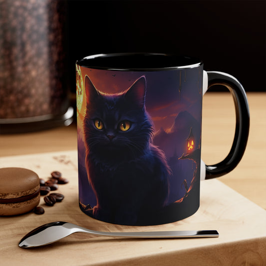 11 oz Bicolor Mug: Haunting Cat & Moon - Halloween Special