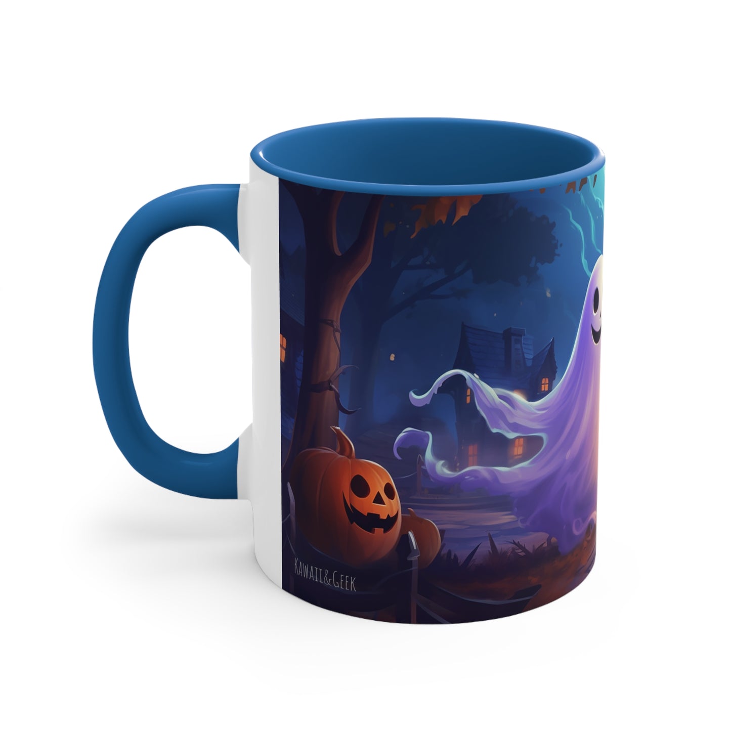 11 oz Bicolor Mug: Adorable Ghost Amidst Spooky Village - Halloween Delight