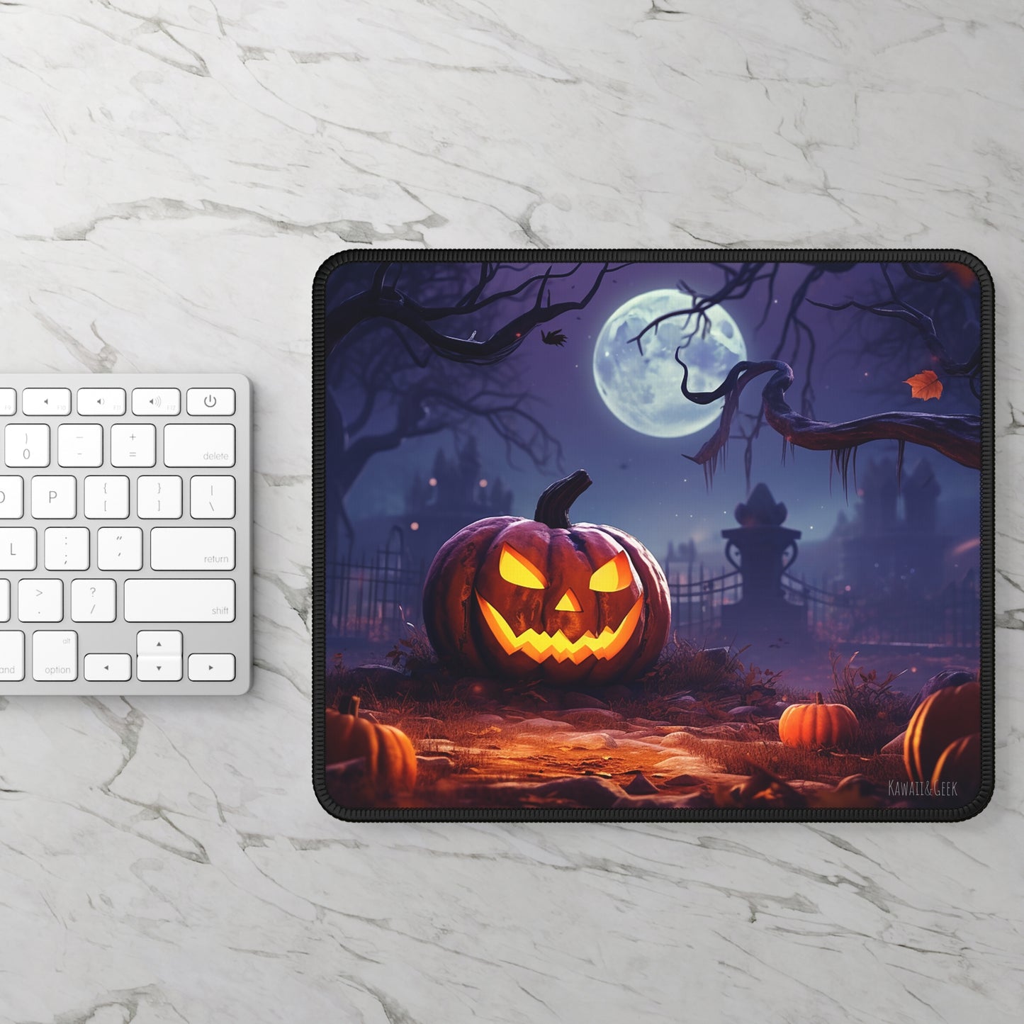 Halloween Mouse Pad: Spooky Jack o' Lantern Illuminated by Full Moon