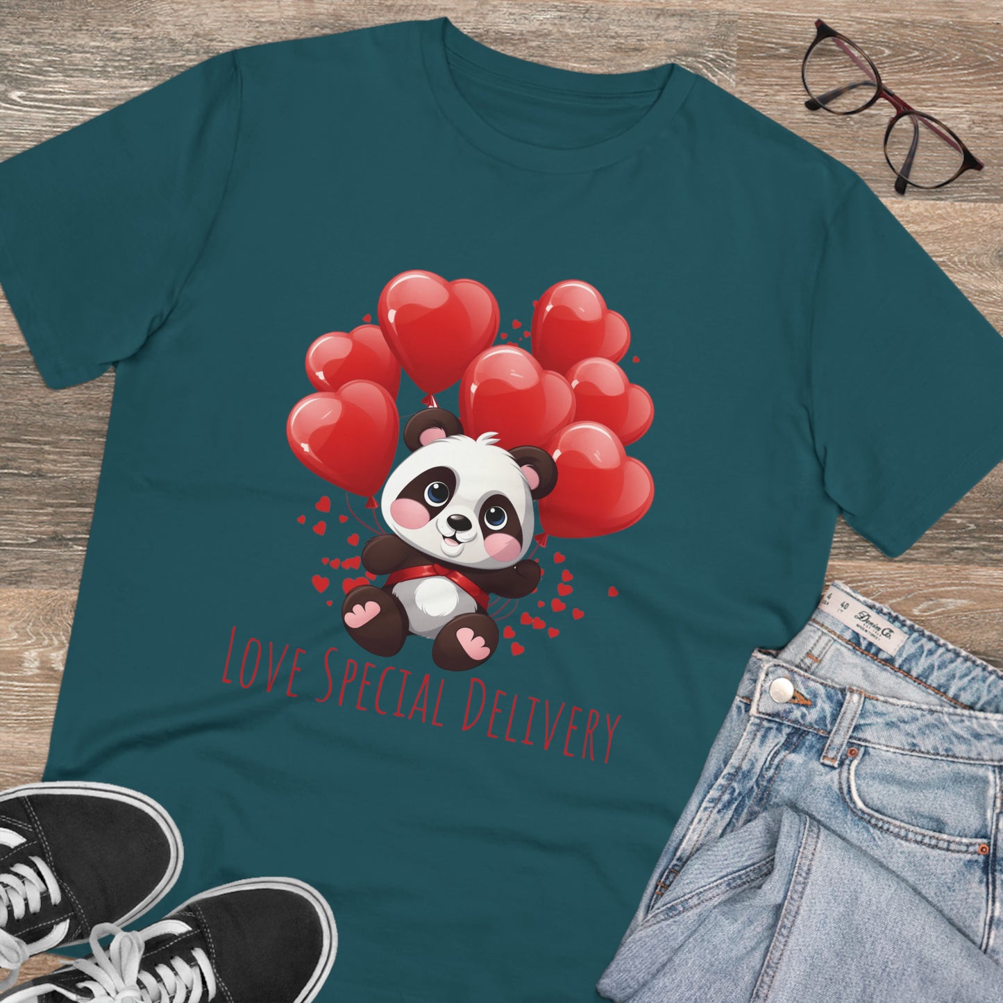 Panda Love Delivery Tee - Eco-Friendly Heart Balloon Shirt - Valentine's Day Special