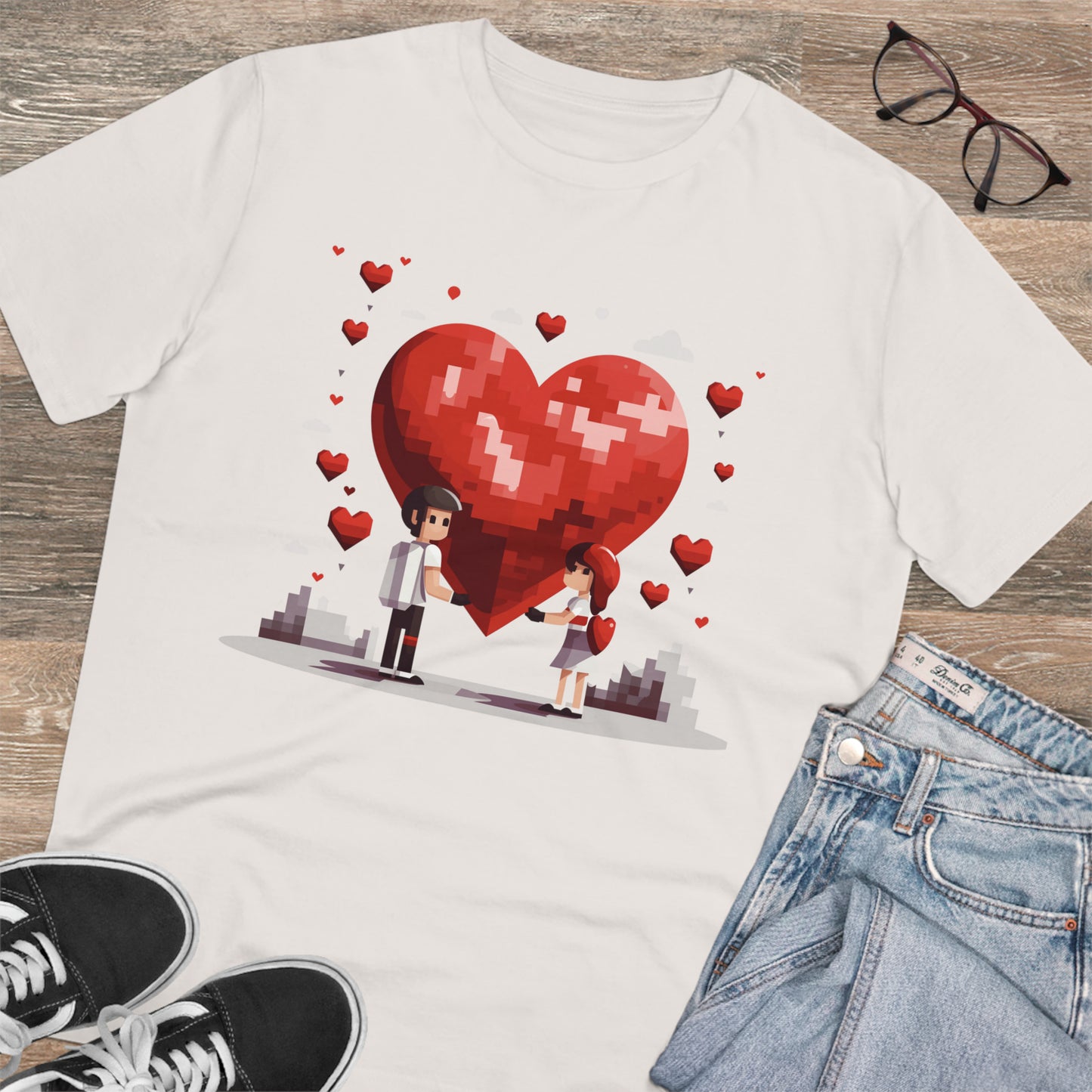 Pixel Love Eco Tee - Valentine's Day Pixel Heart Couple Shirt