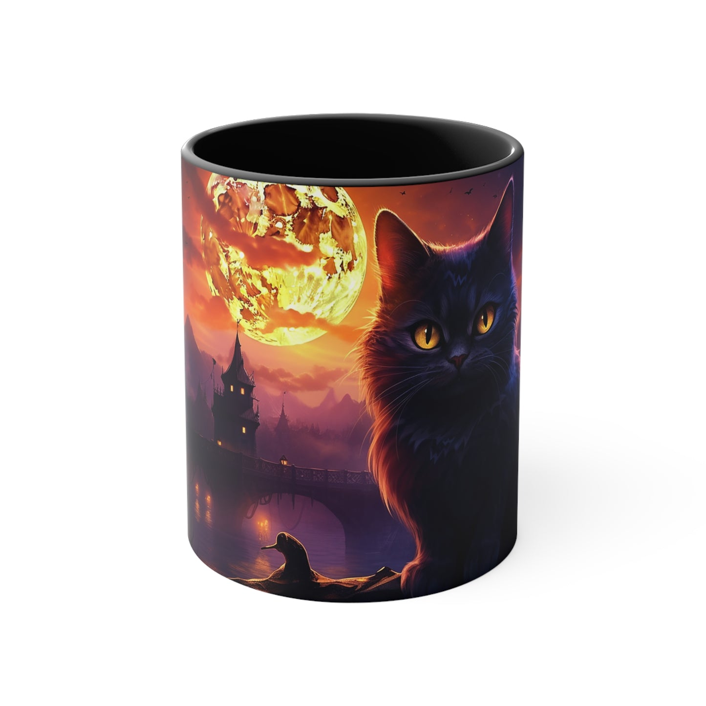 11 oz Bicolor Mug: Haunting Cat & Moon - Halloween Special