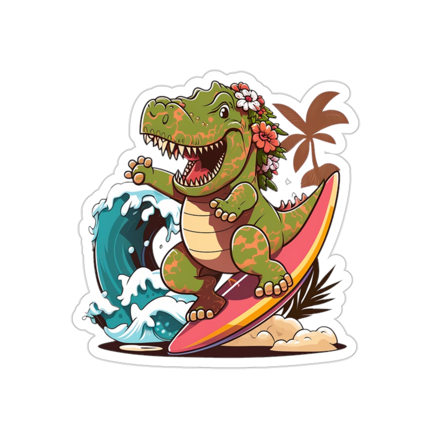 Kawaii Female T-Rex Surfing in Hawaii Sticker - Add Some Cute and Fun Style to Your Tech