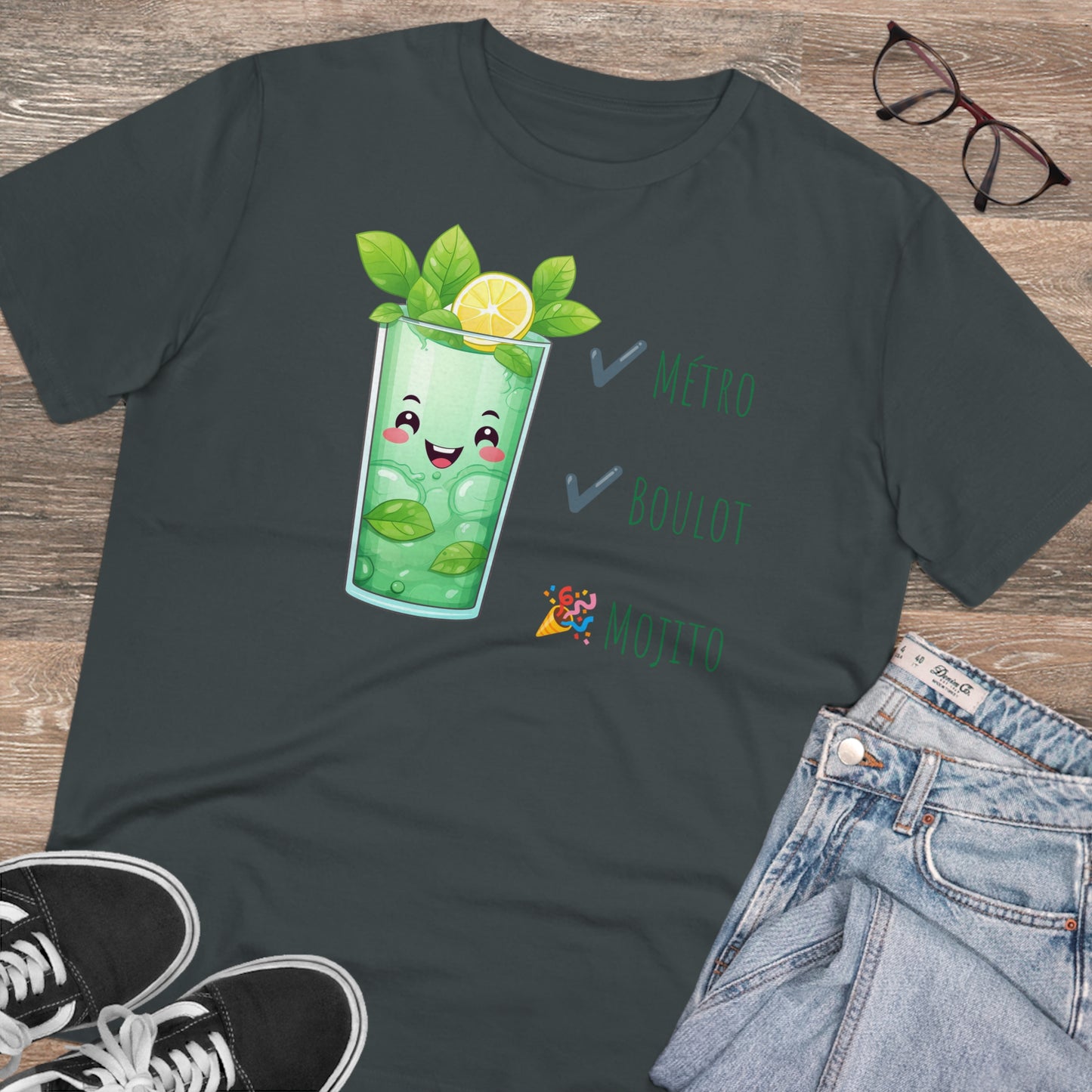 Métro, Boulot, Mojito T-Shirt - Cute Smiling Mojito Glass Design
