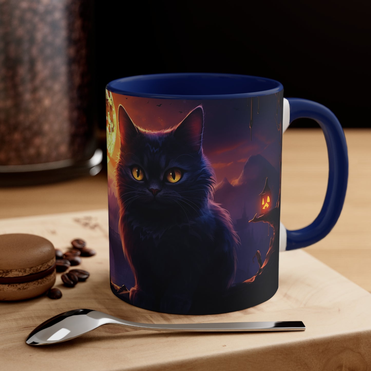 11 oz Bicolor Mug: Haunting Cat & Moon - Halloween Special
