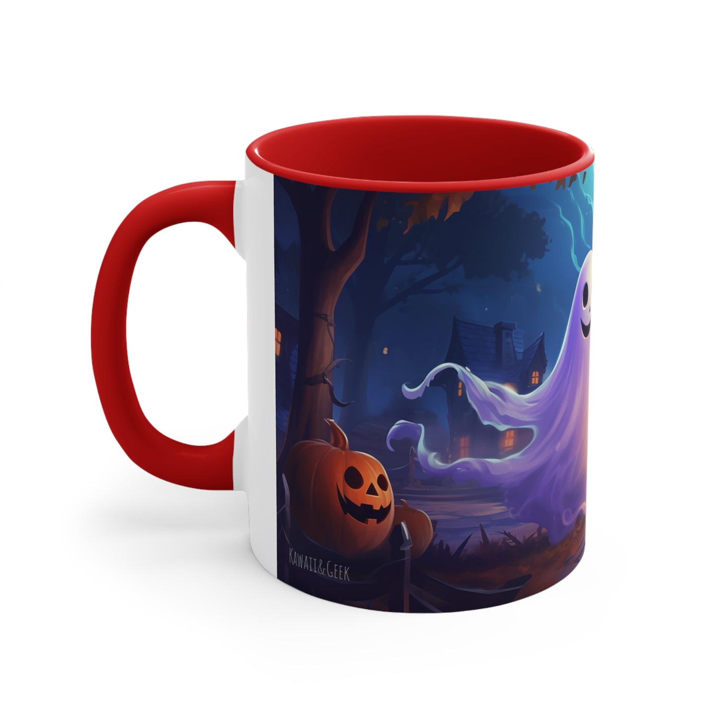 11 oz Bicolor Mug: Adorable Ghost Amidst Spooky Village - Halloween Delight