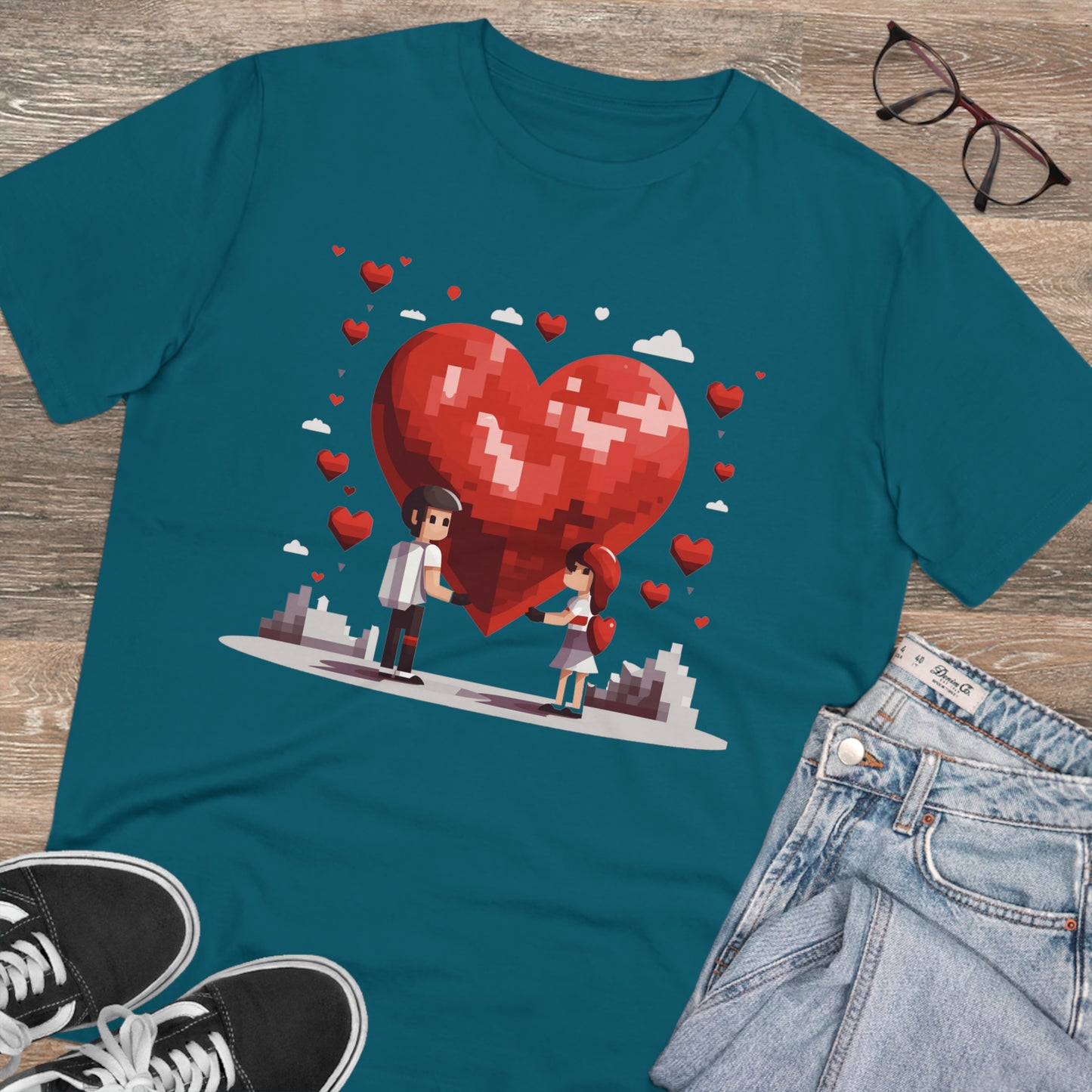Pixel Love Eco Tee - Valentine's Day Pixel Heart Couple Shirt