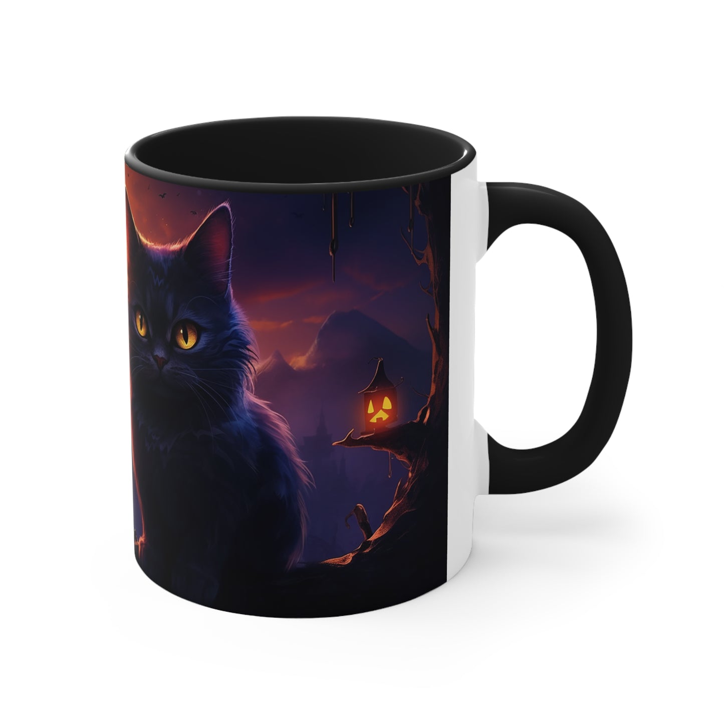11 oz Bicolor Mug: Haunting Cat & Moon - Halloween Special