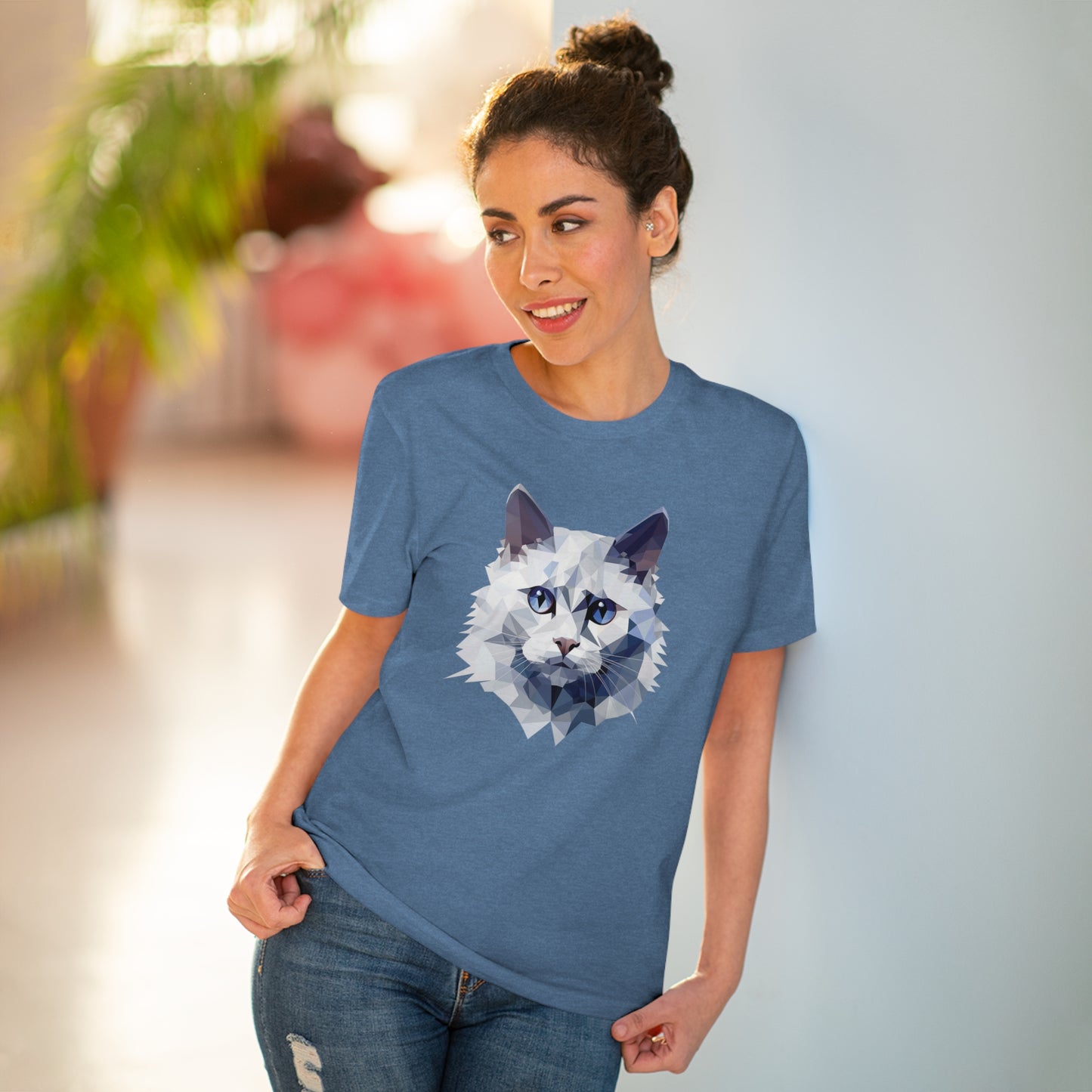 White Angora Cat Polygonal T-Shirt - Embrace Feline Elegance