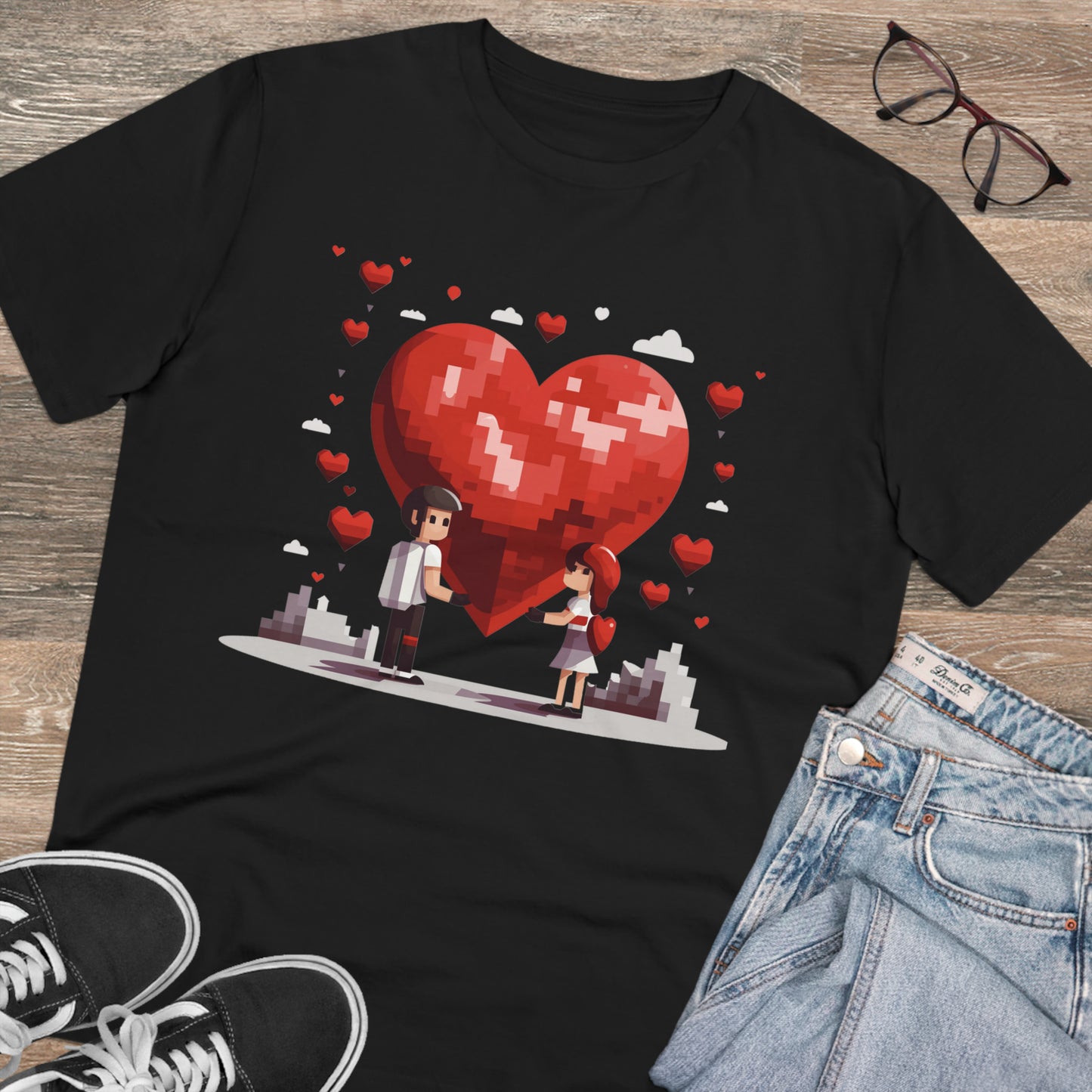 Pixel Love Eco Tee - Valentine's Day Pixel Heart Couple Shirt