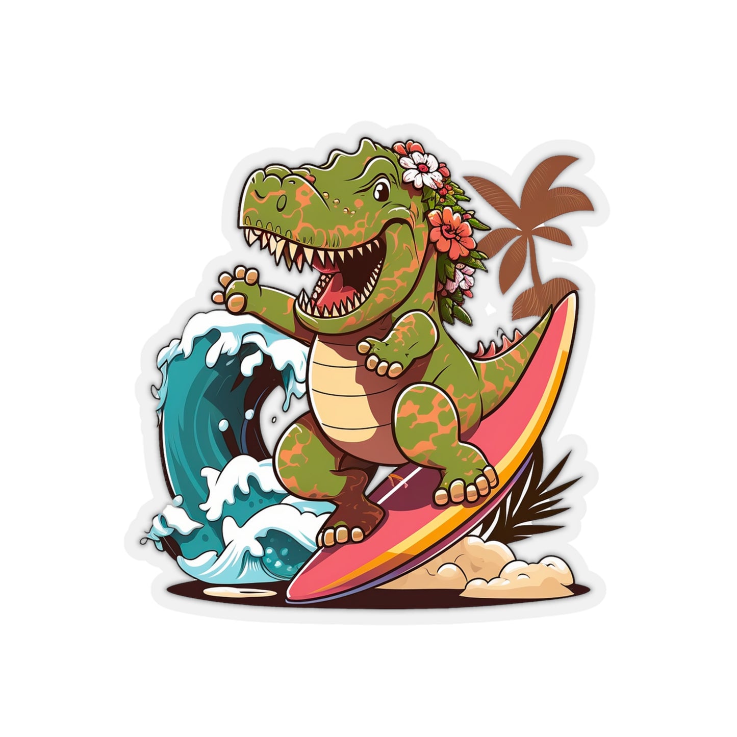 Kawaii Female T-Rex Surfing in Hawaii Sticker - Add Some Cute and Fun Style to Your Tech