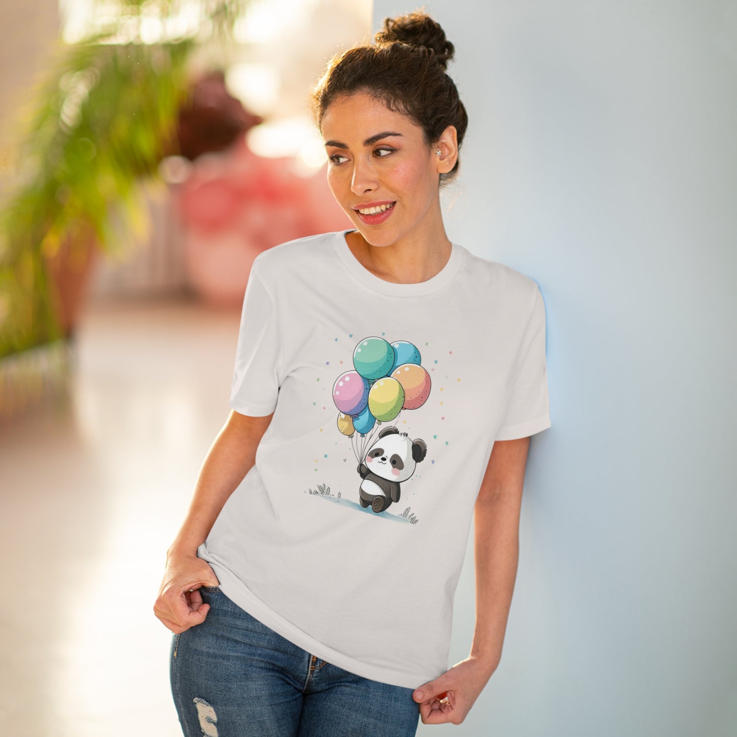 Cute Panda with Balloons Organic Unisex T-Shirt - Add Some Adorable and Eco-Friendly Style to Your Wardrobe
