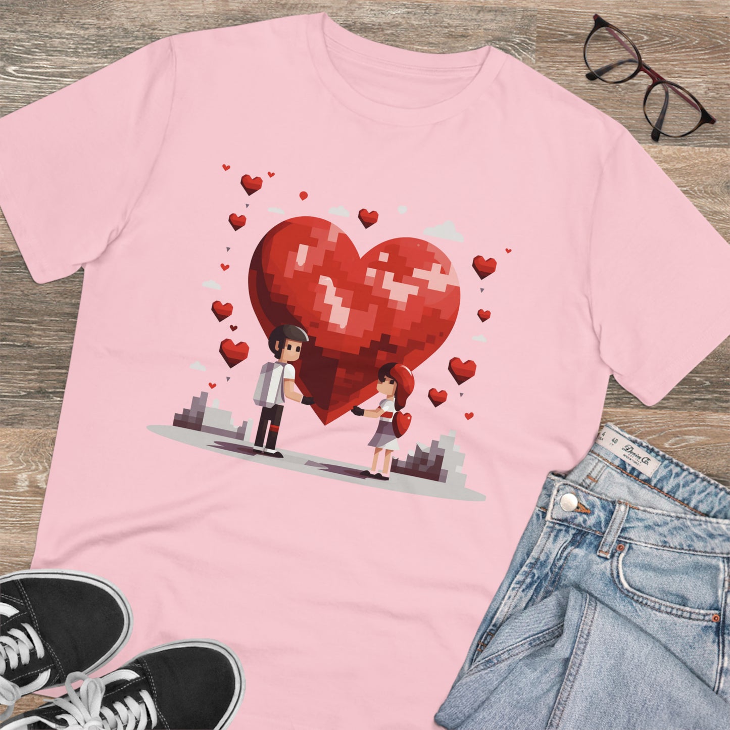Pixel Love Eco Tee - Valentine's Day Pixel Heart Couple Shirt