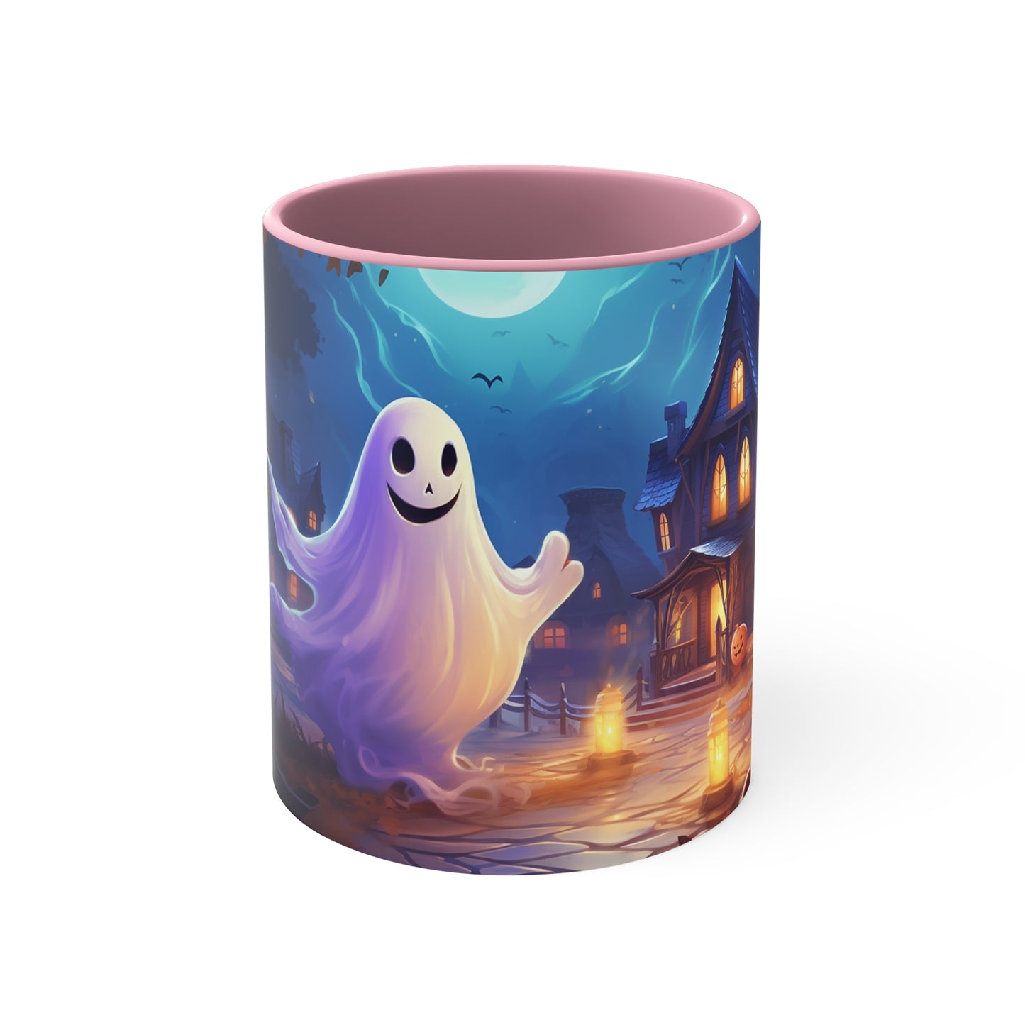 11 oz Bicolor Mug: Adorable Ghost Amidst Spooky Village - Halloween Delight