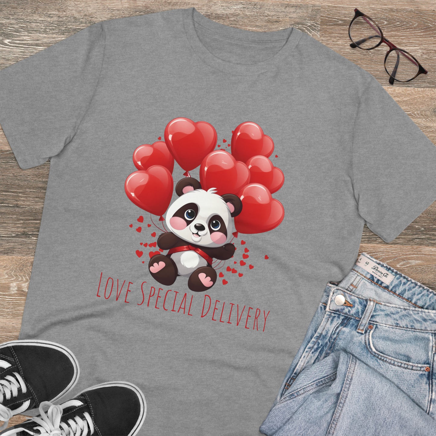 Panda Love Delivery Tee - Eco-Friendly Heart Balloon Shirt - Valentine's Day Special