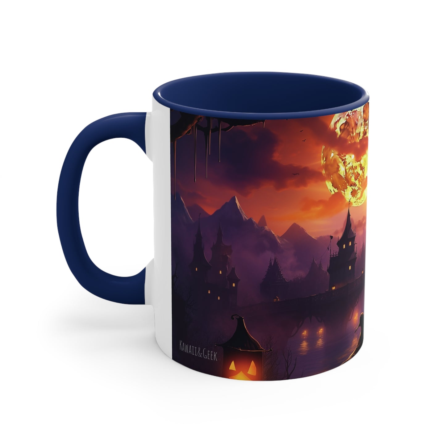11 oz Bicolor Mug: Haunting Cat & Moon - Halloween Special