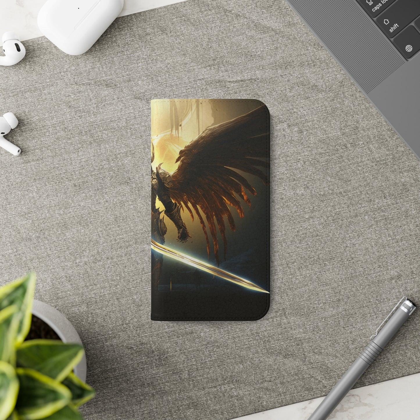 Dark Angel Flip Phone Case: Guardian with Sword