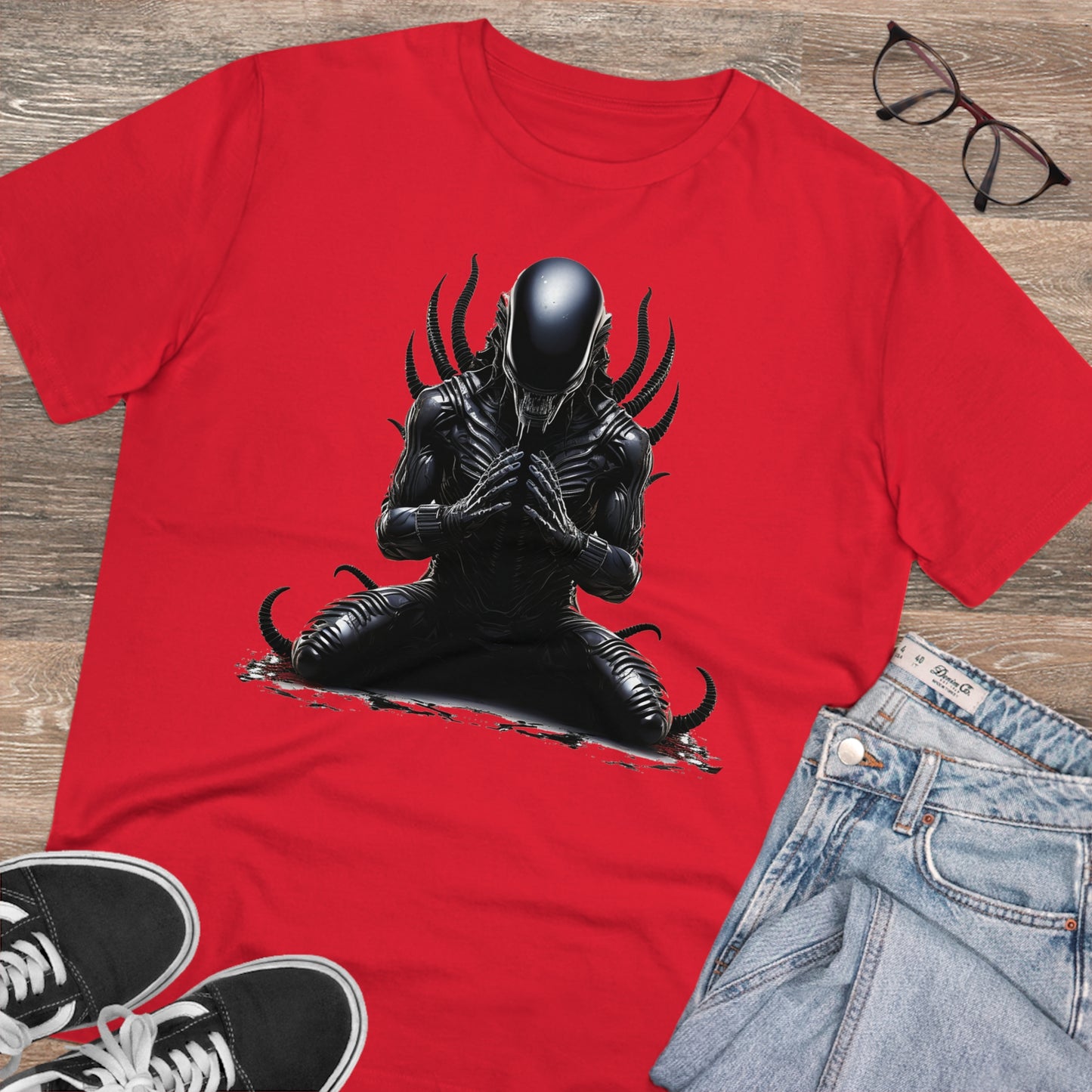 Eco-Friendly Zen Alien Xenomorph T-shirt - Embrace Galactic Serenity