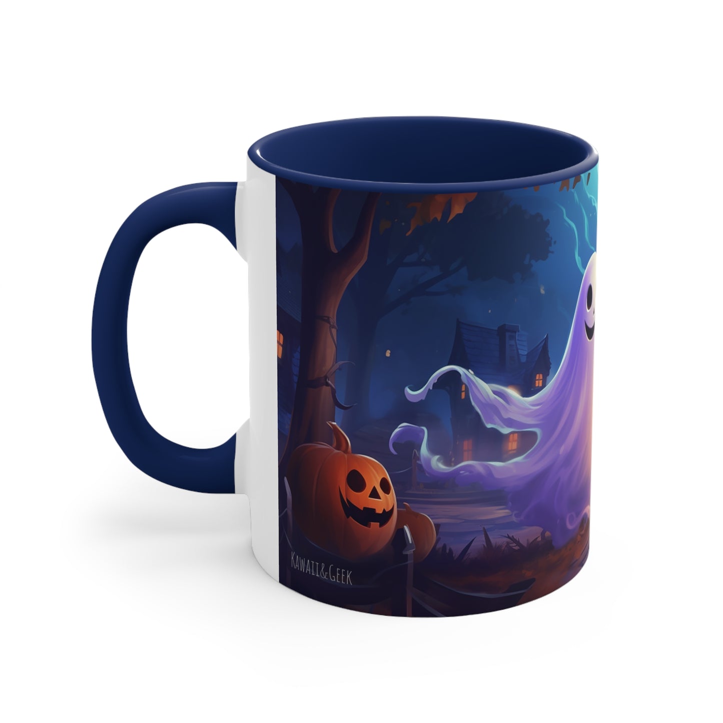 11 oz Bicolor Mug: Adorable Ghost Amidst Spooky Village - Halloween Delight