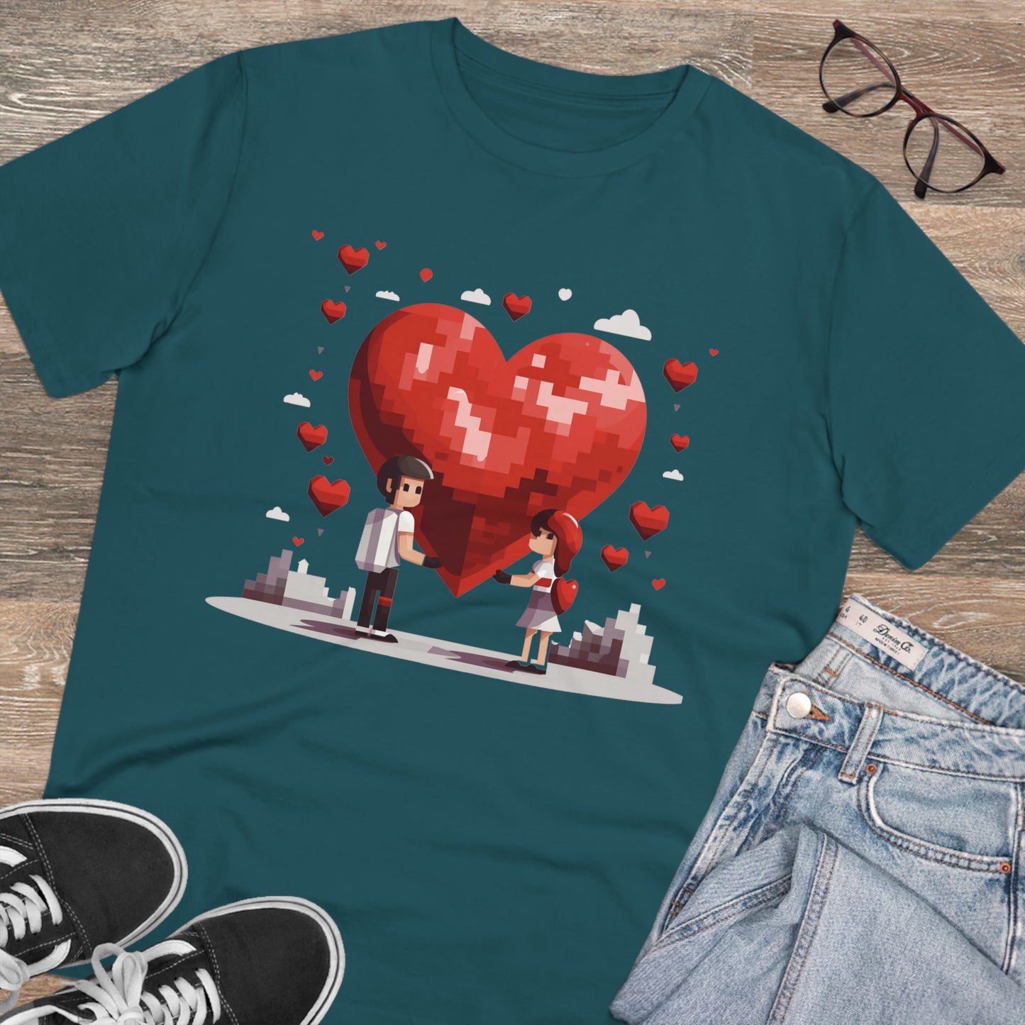 Pixel Love Eco Tee - Valentine's Day Pixel Heart Couple Shirt