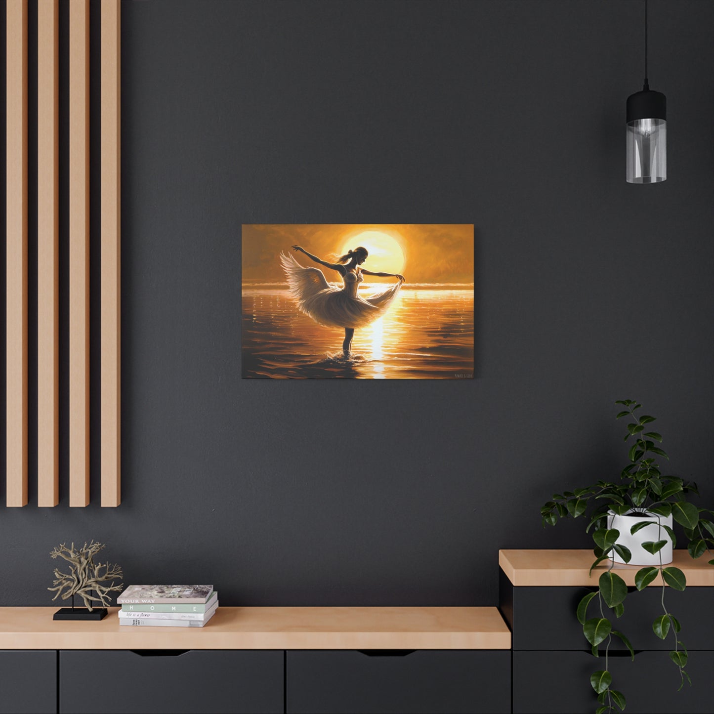 Graceful Dancer Canva - Captivating Swan Feather Dress, Elegant Water Dance at Sunset