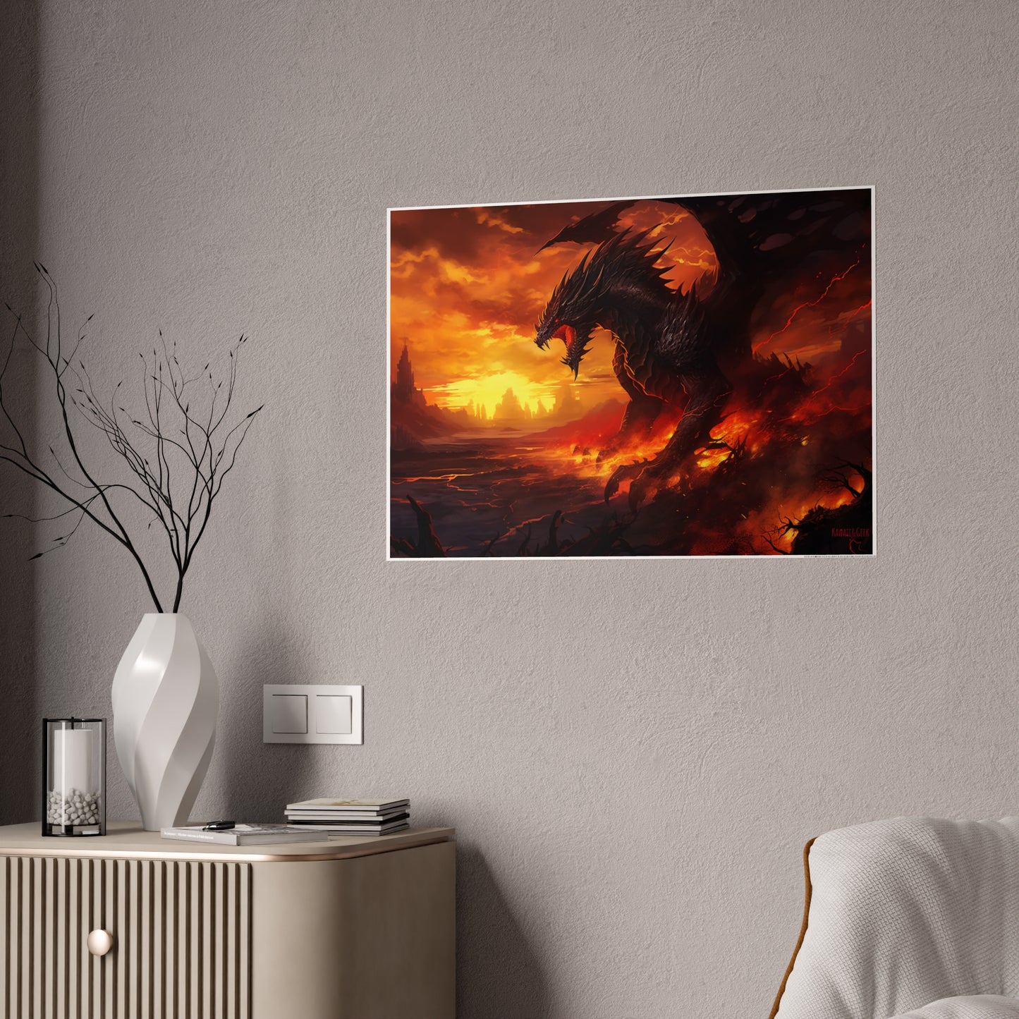 Majestic Fire Dragon: A Threat to the Kingdom - Glossy Poster