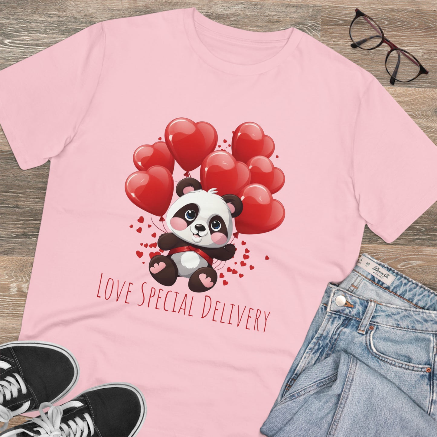 Panda Love Delivery Tee - Eco-Friendly Heart Balloon Shirt - Valentine's Day Special