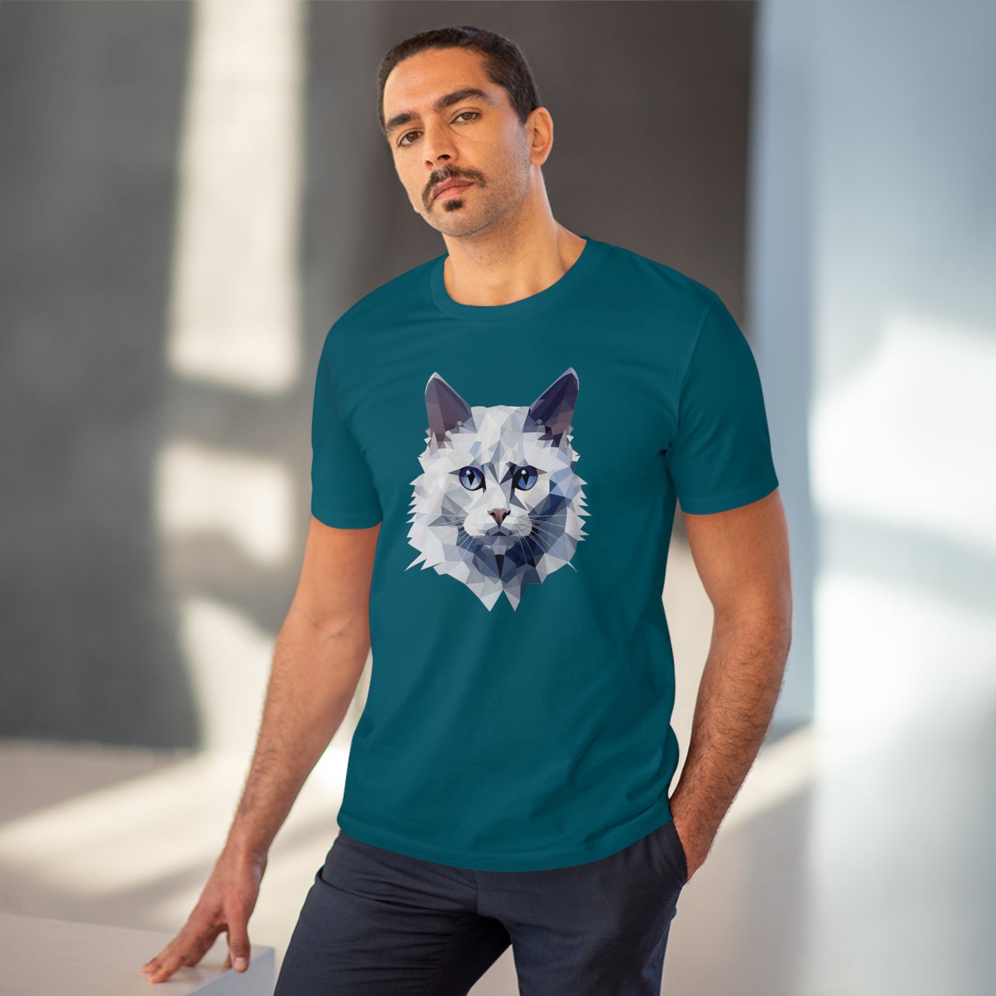 White Angora Cat Polygonal T-Shirt - Embrace Feline Elegance