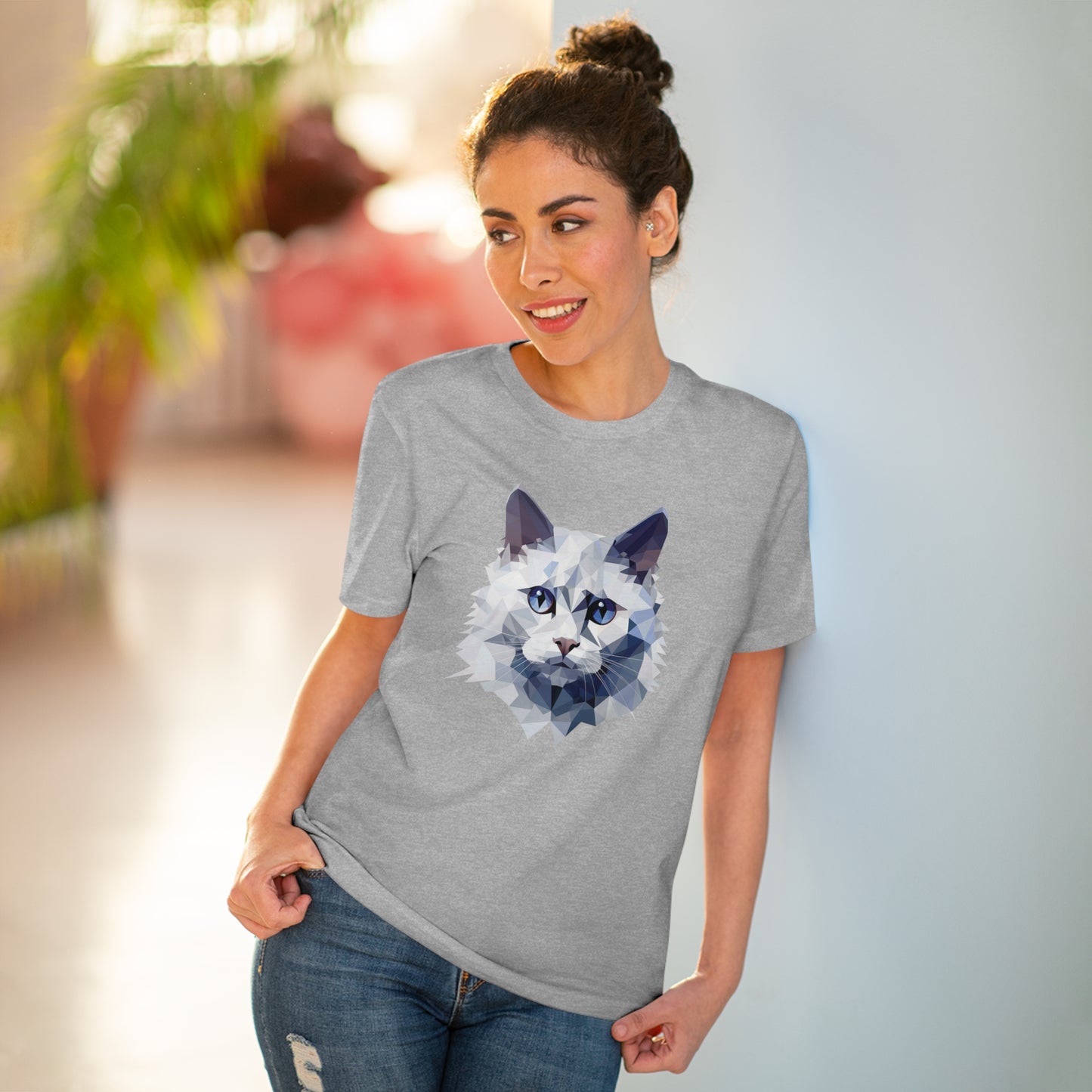 White Angora Cat Polygonal T-Shirt - Embrace Feline Elegance
