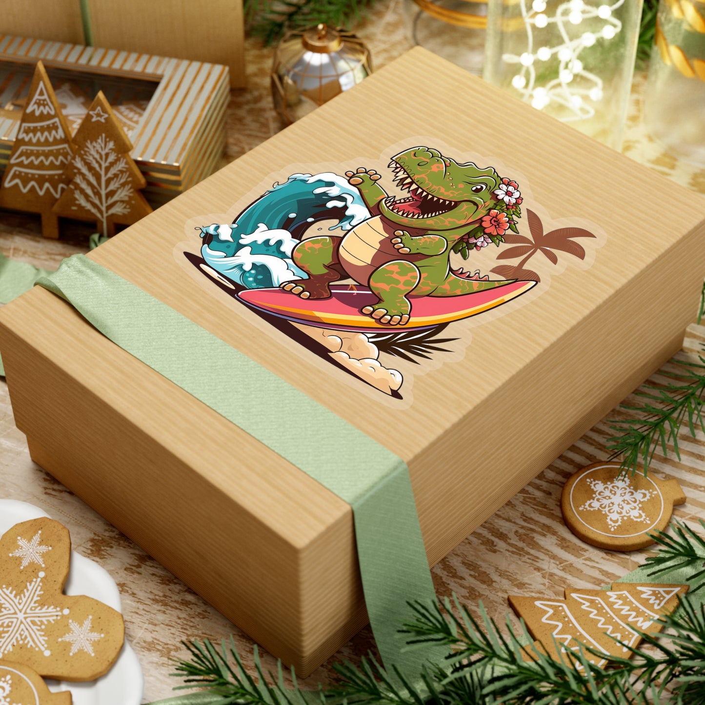 Kawaii Female T-Rex Surfing in Hawaii Sticker - Add Some Cute and Fun Style to Your Tech