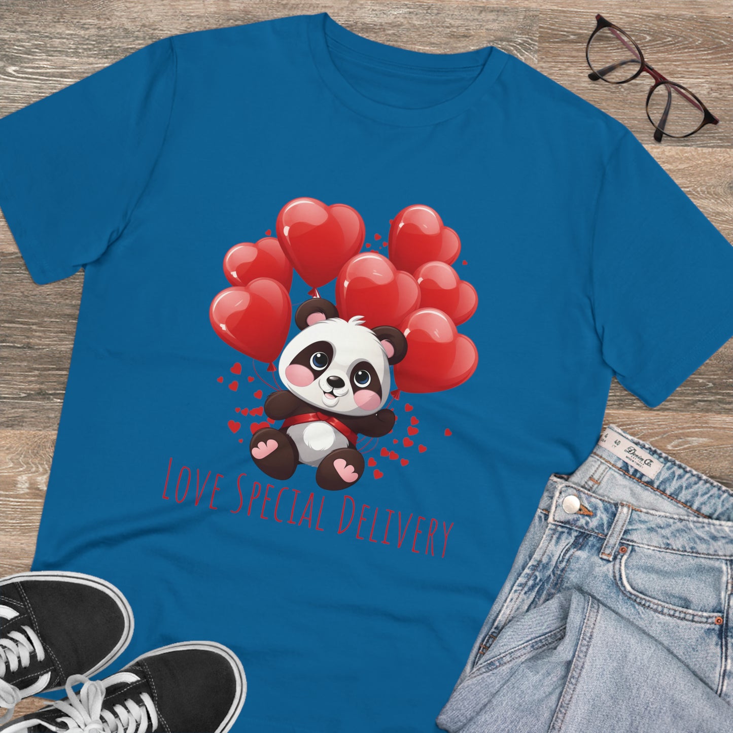 Panda Love Delivery Tee - Eco-Friendly Heart Balloon Shirt - Valentine's Day Special