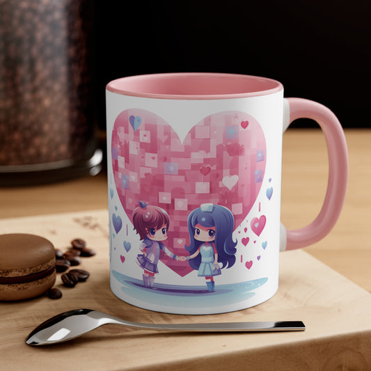 True Love & Coffee Mug - 11oz Bicolor Kawaii Heart Cup - Valentine's Day