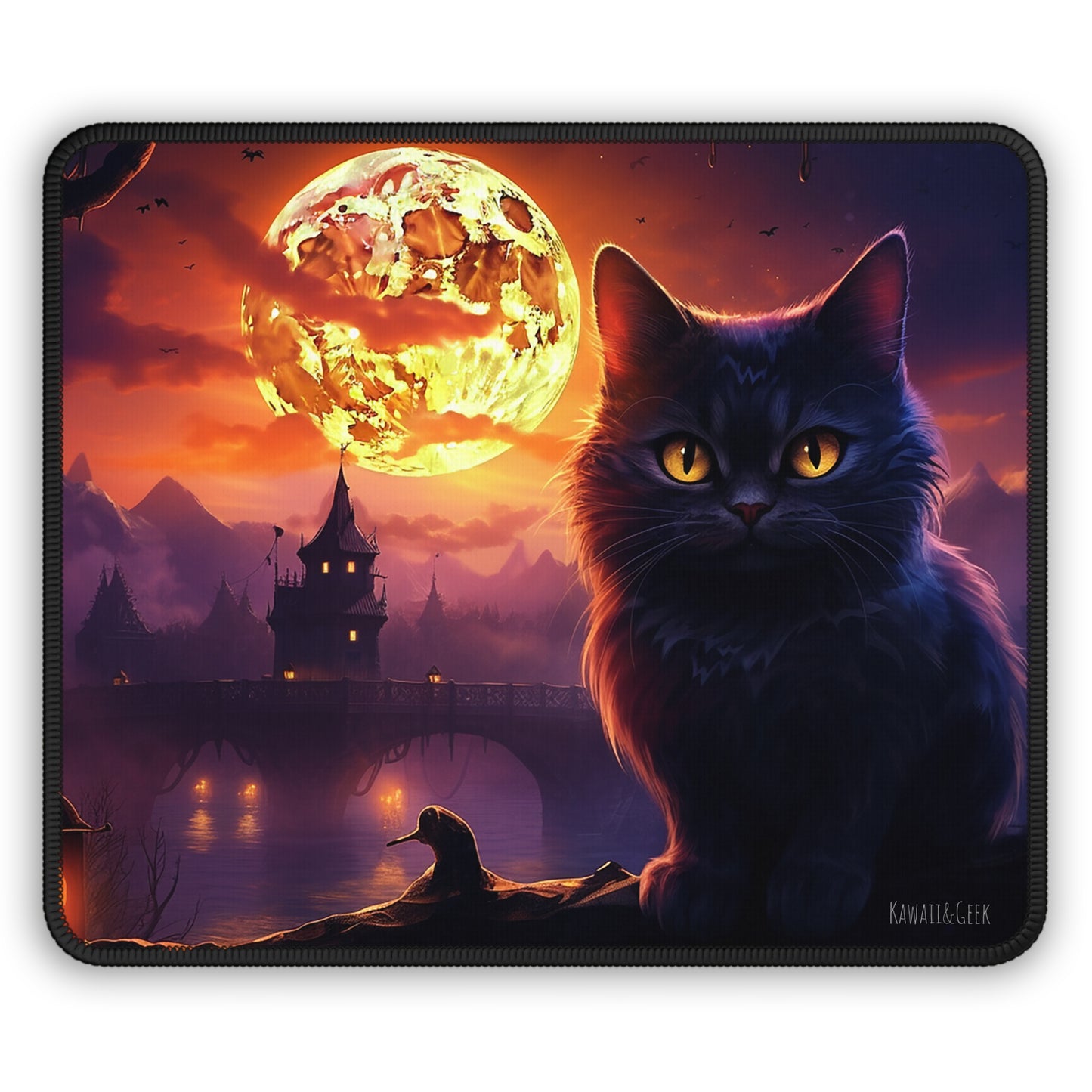 Mouse Pad: Spooky Halloween Cat Silhouetted Against Full Moon
