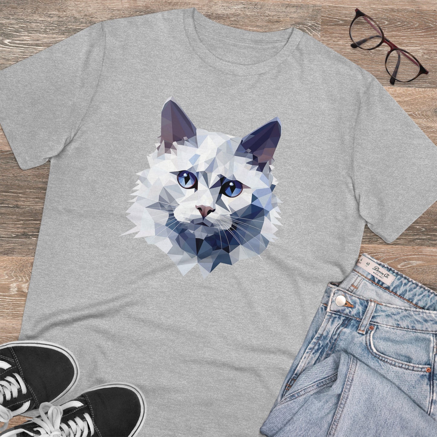 White Angora Cat Polygonal T-Shirt - Embrace Feline Elegance