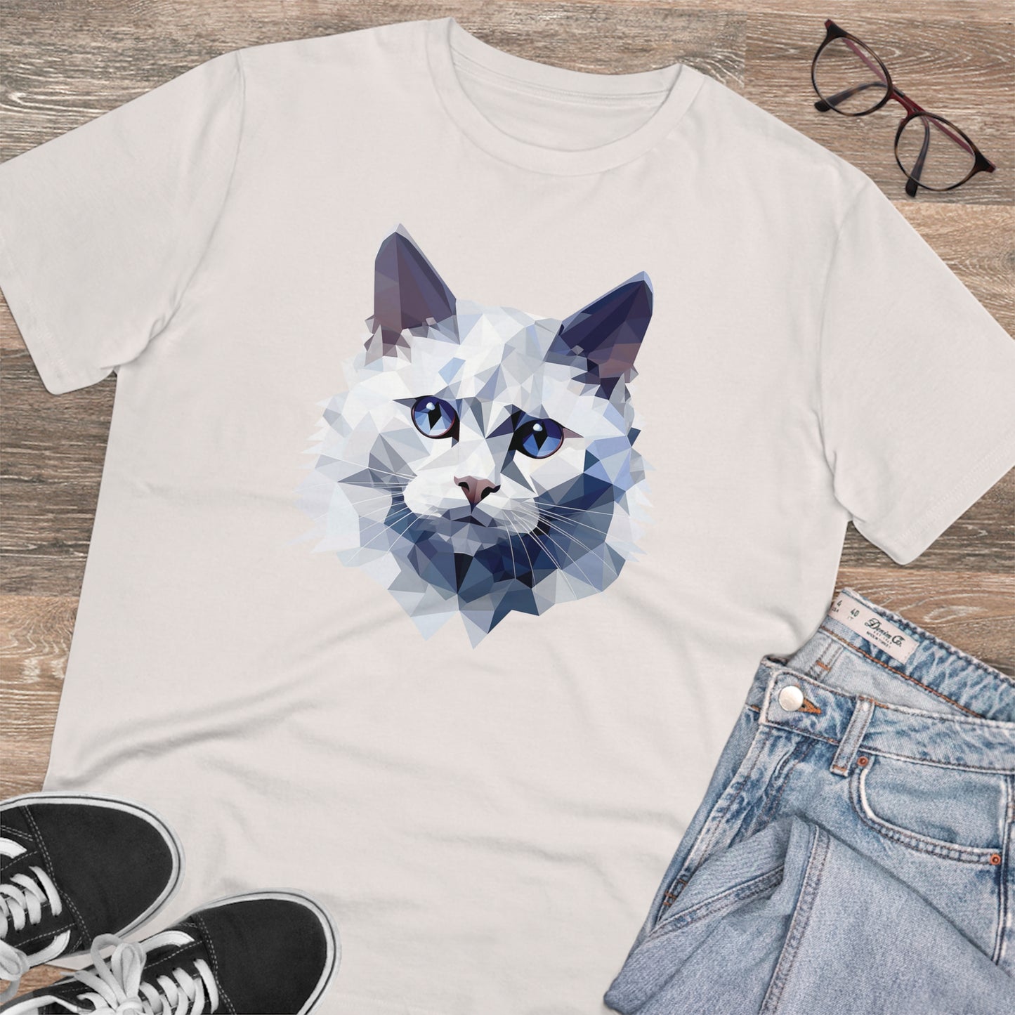 White Angora Cat Polygonal T-Shirt - Embrace Feline Elegance