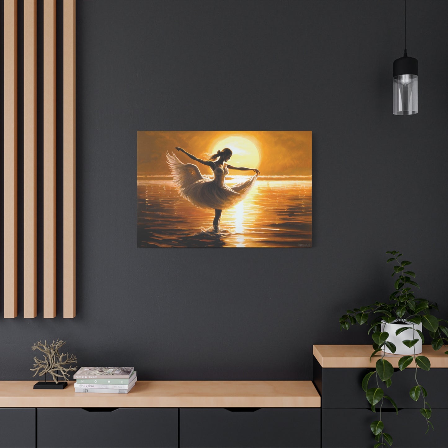 Graceful Dancer Canva - Captivating Swan Feather Dress, Elegant Water Dance at Sunset