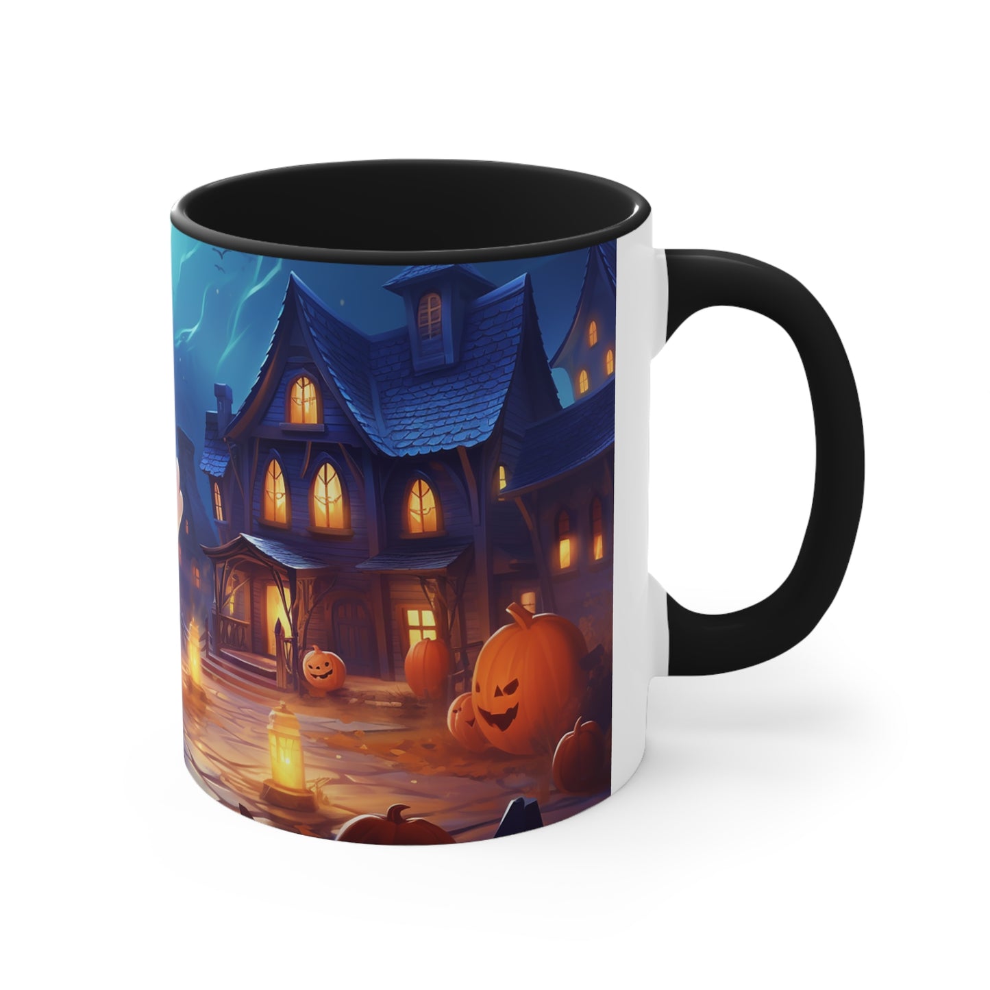 11 oz Bicolor Mug: Adorable Ghost Amidst Spooky Village - Halloween Delight