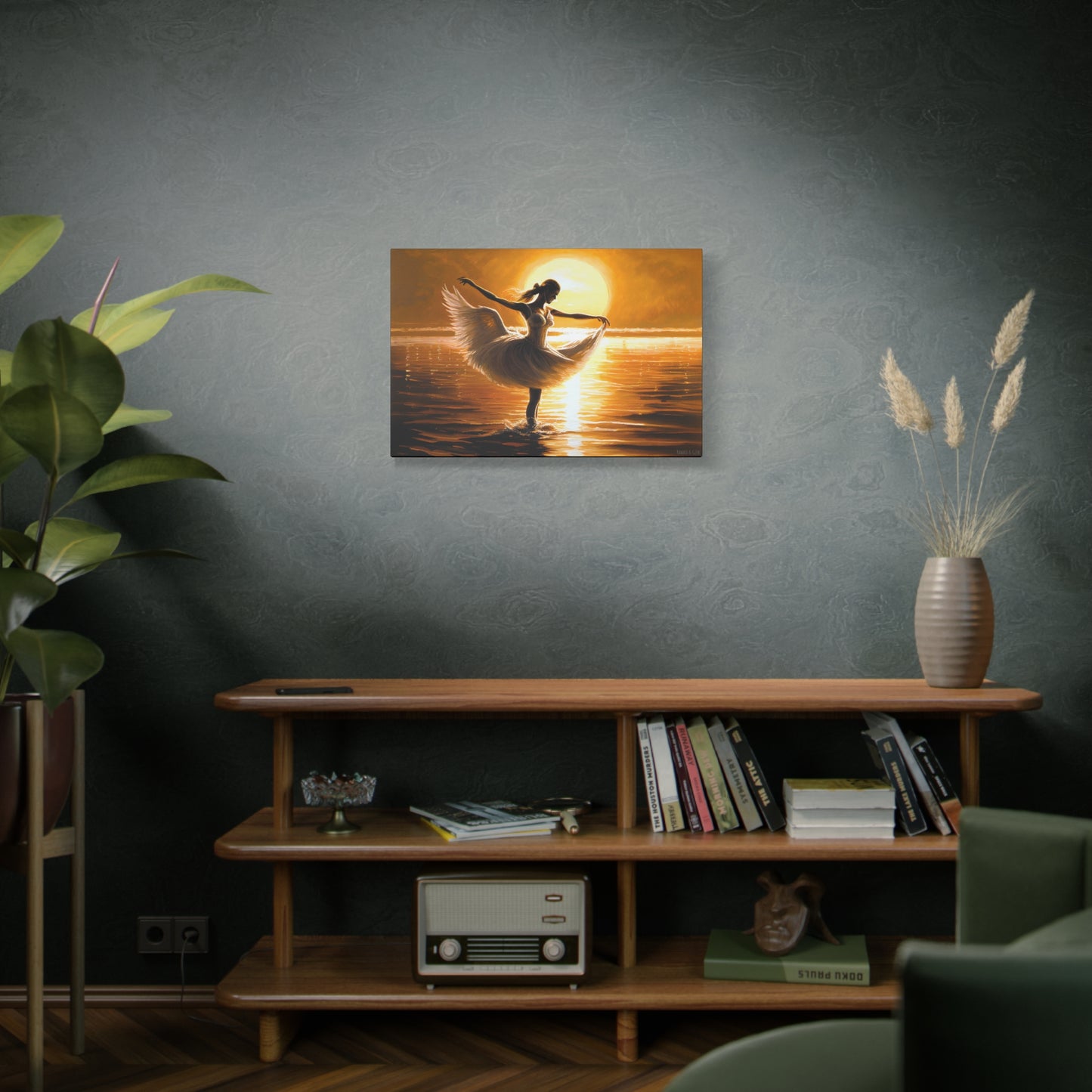 Graceful Dancer Canva - Captivating Swan Feather Dress, Elegant Water Dance at Sunset