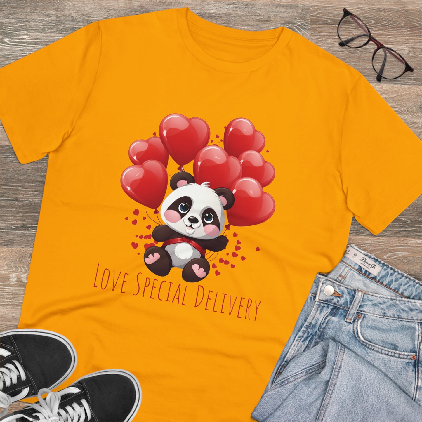 Panda Love Delivery Tee - Eco-Friendly Heart Balloon Shirt - Valentine's Day Special