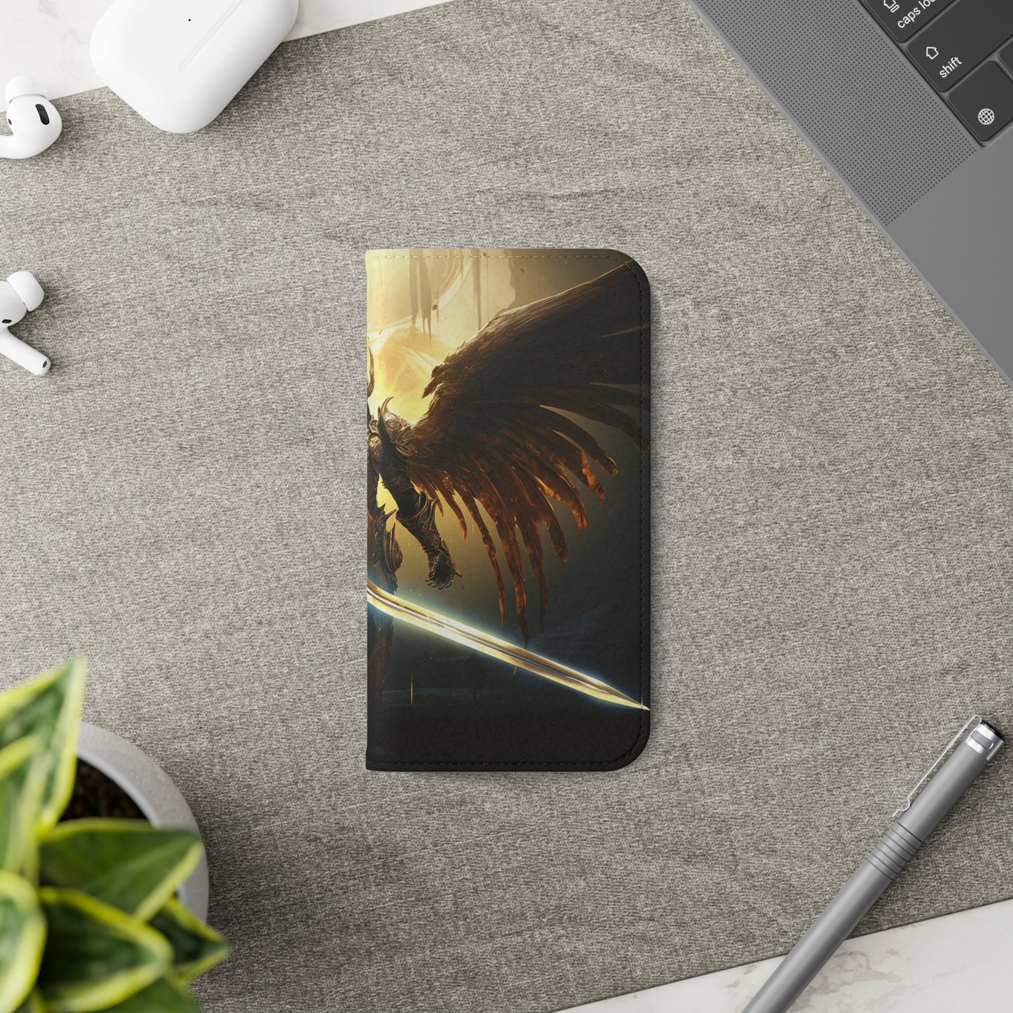 Dark Angel Flip Phone Case: Guardian with Sword