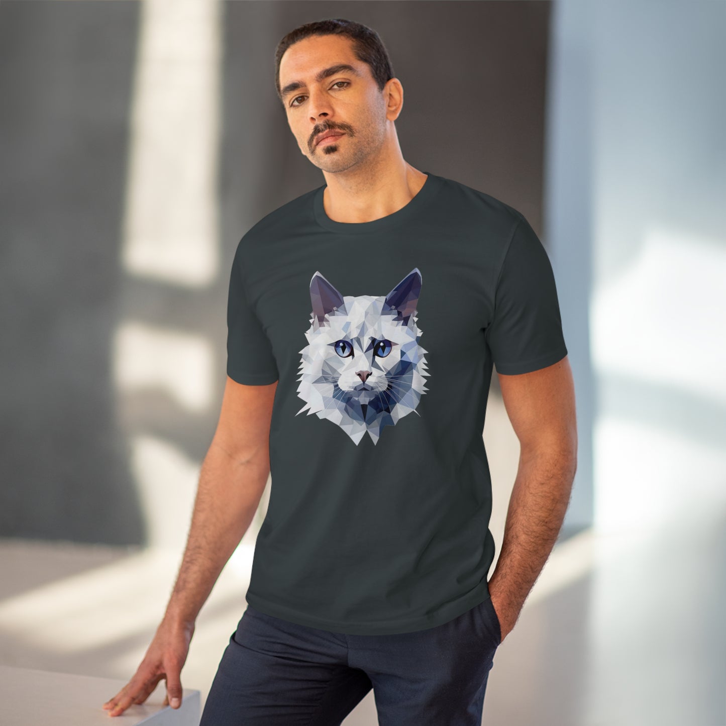 White Angora Cat Polygonal T-Shirt - Embrace Feline Elegance
