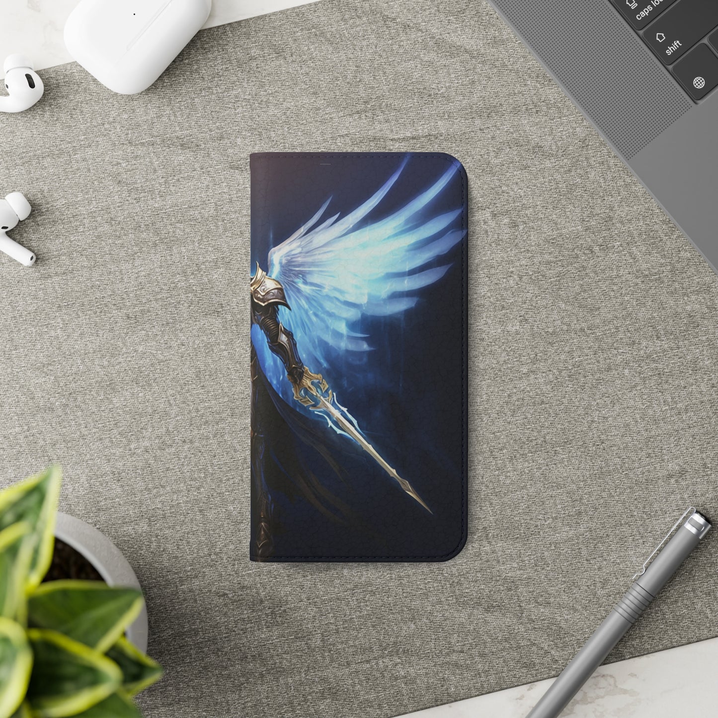 Archangel Flip Phone Case: Ethereal Wings & Sword Design