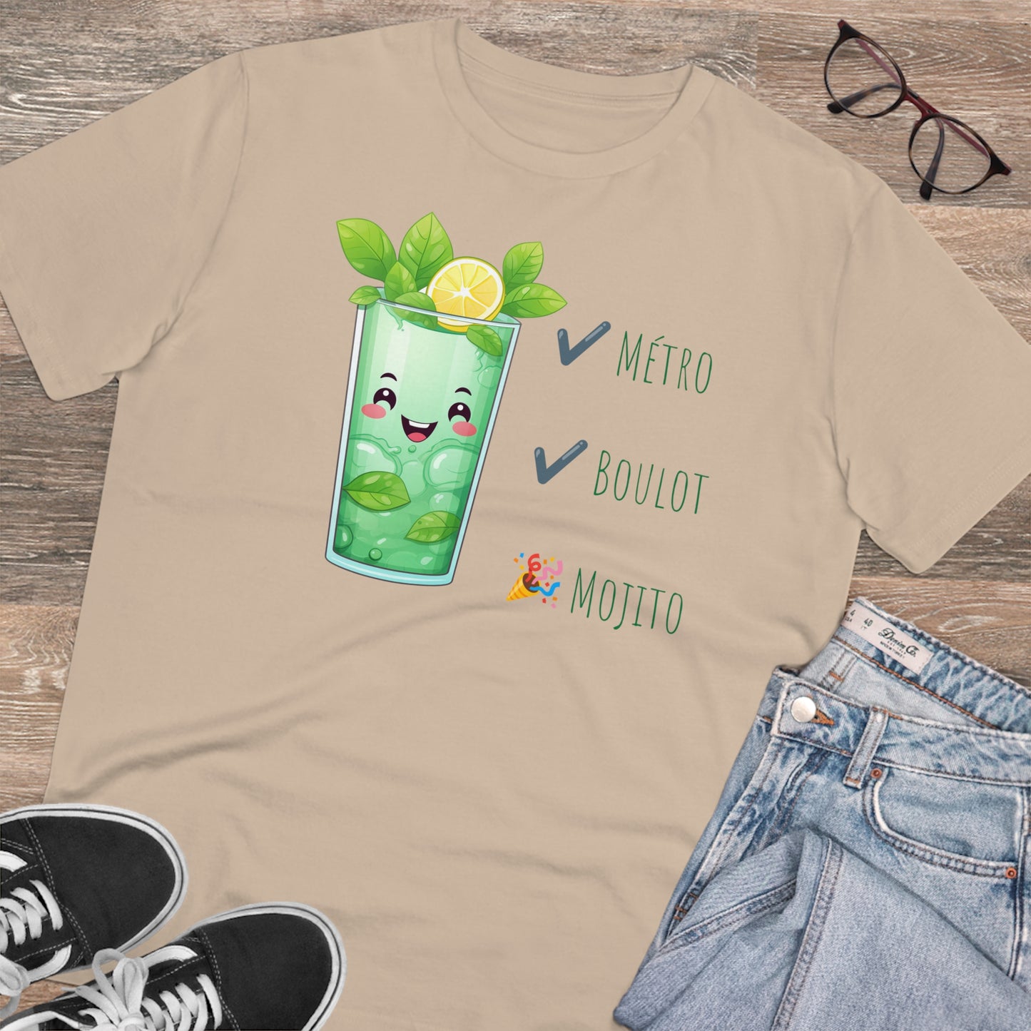 Métro, Boulot, Mojito T-Shirt - Cute Smiling Mojito Glass Design