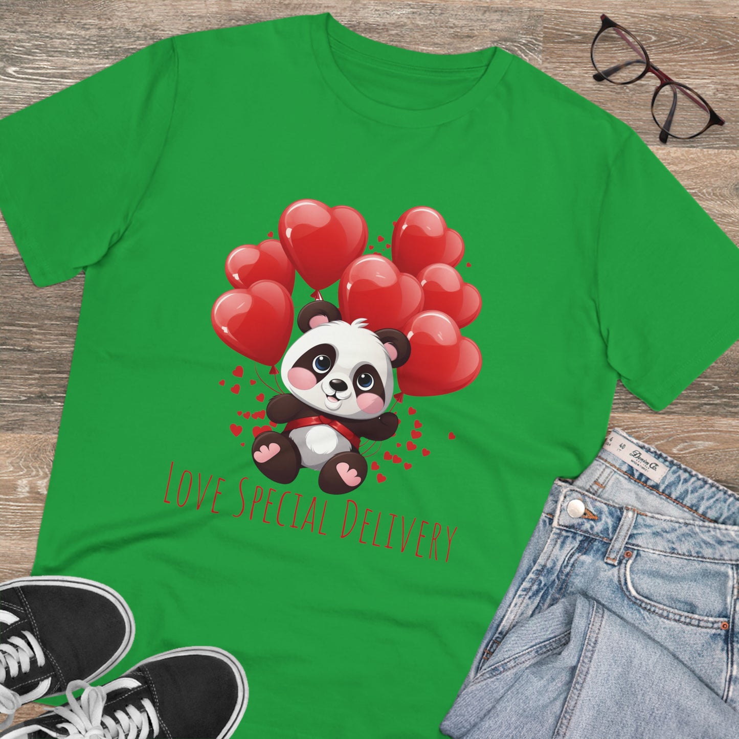 Panda Love Delivery Tee - Eco-Friendly Heart Balloon Shirt - Valentine's Day Special