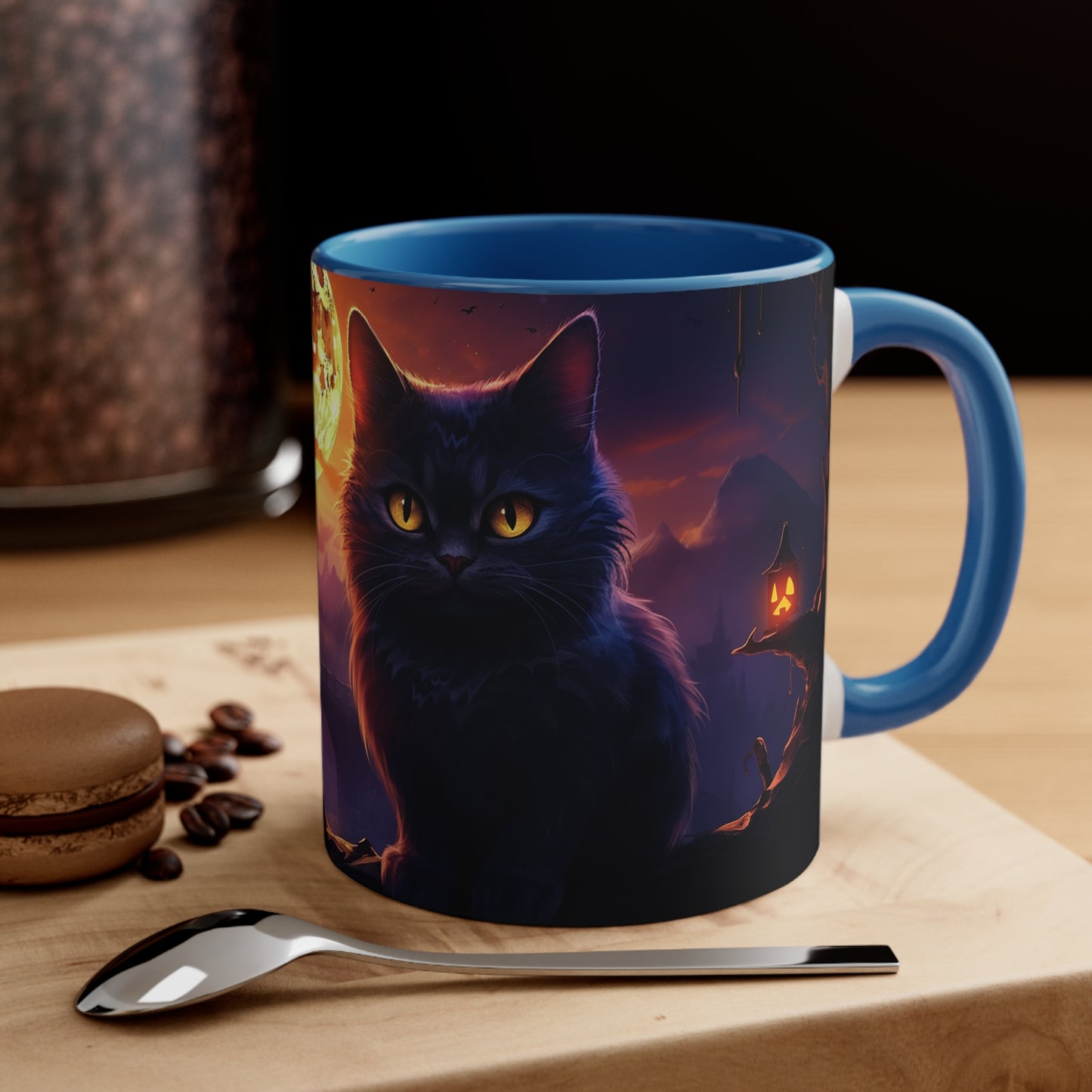11 oz Bicolor Mug: Haunting Cat & Moon - Halloween Special