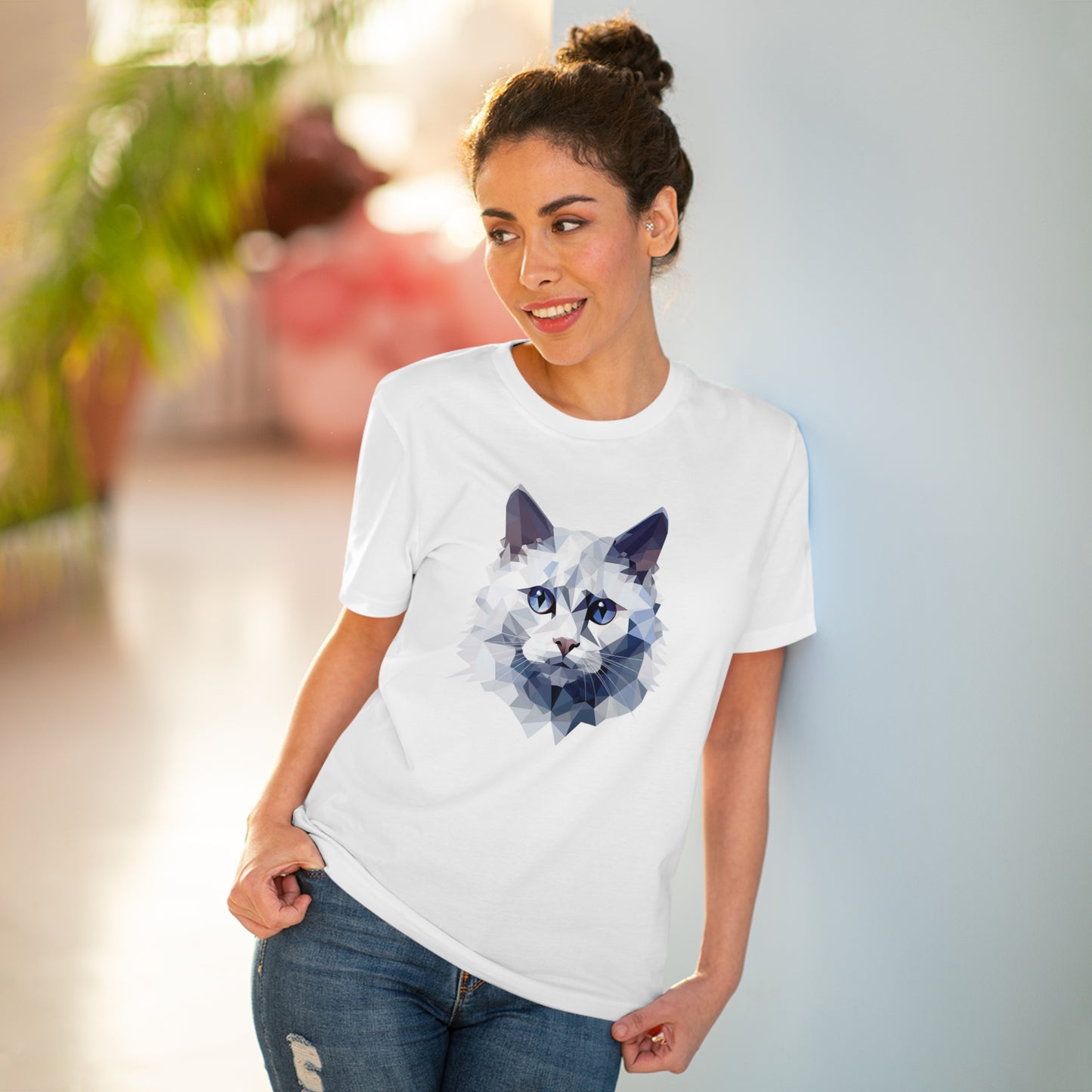 White Angora Cat Polygonal T-Shirt - Embrace Feline Elegance