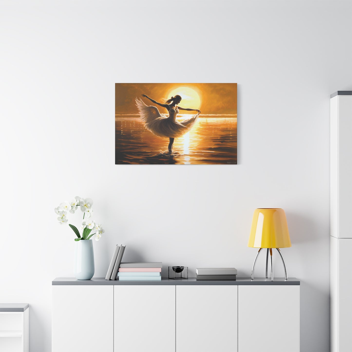 Graceful Dancer Canva - Captivating Swan Feather Dress, Elegant Water Dance at Sunset
