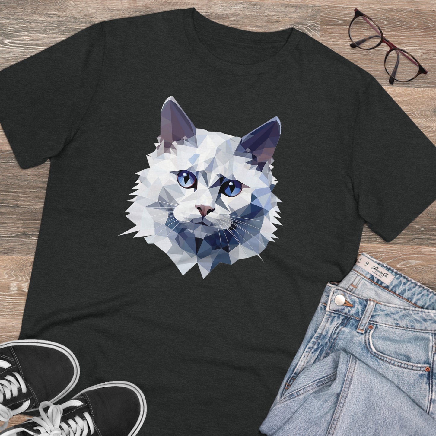 White Angora Cat Polygonal T-Shirt - Embrace Feline Elegance