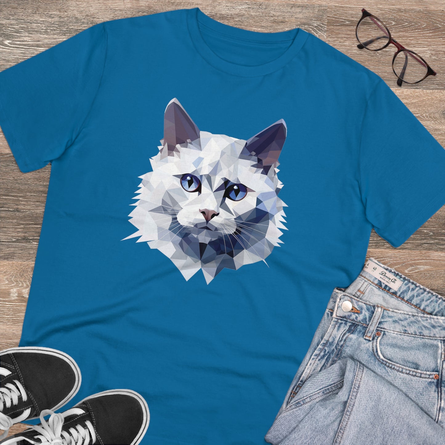White Angora Cat Polygonal T-Shirt - Embrace Feline Elegance